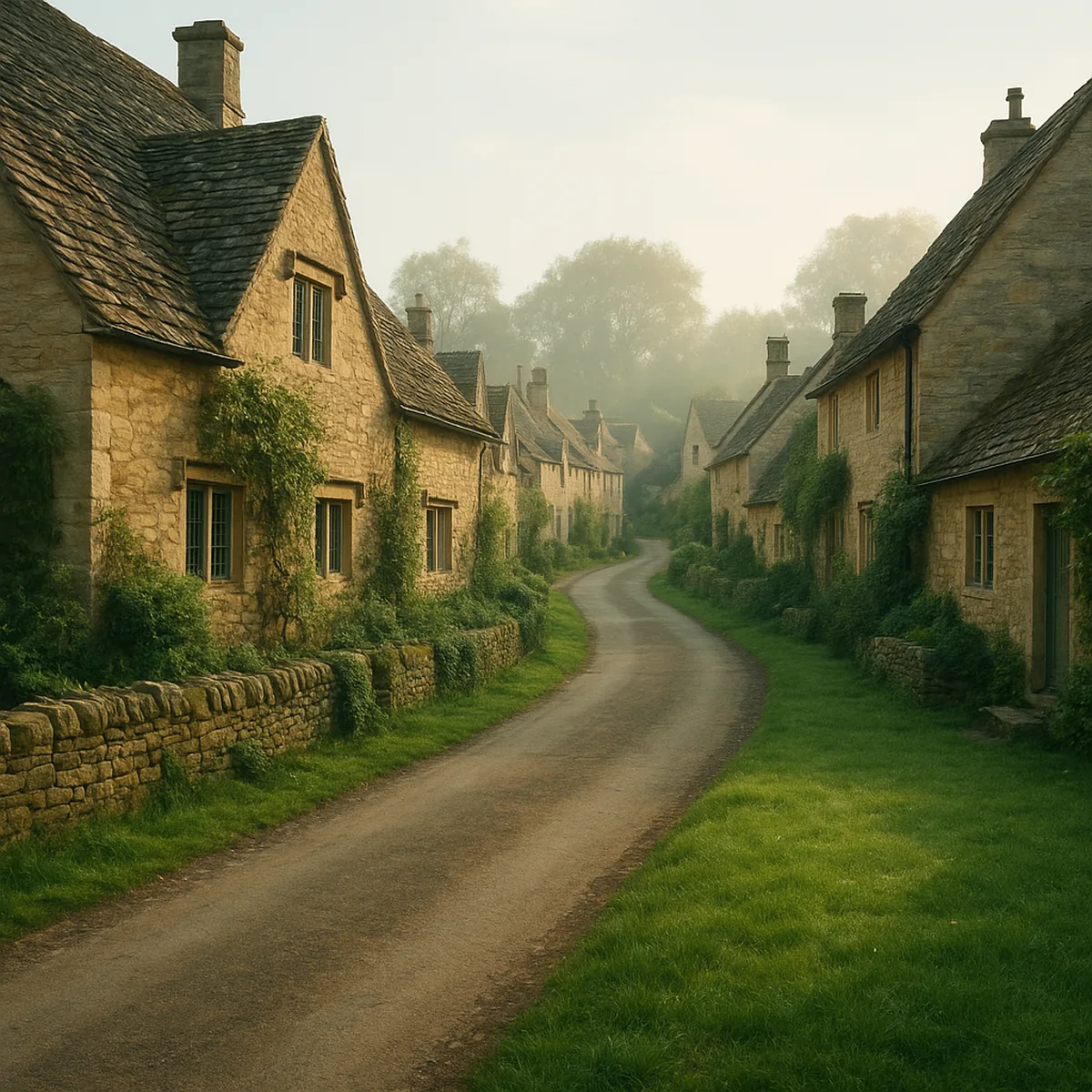 A Cotswold stone village lane in soft morning light